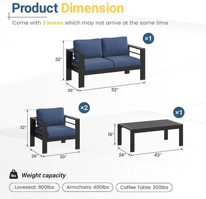 Solaste Aluminum Patio Furniture Set for All Weather, Oversized Metal Outdoor Furniture Set with 27.5" Deep Seating and 3.2" WIde Armrest, Outdoor Patio Conversation Sets with 10’’ Back Suport Cushion