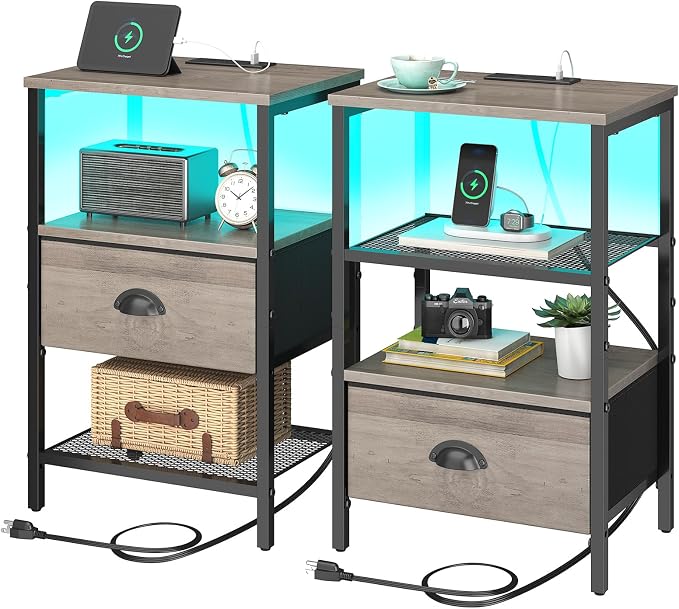 sthmec Nightstands Set of 2, LED Night Stands with Charging Station and Fabric Drawer, Bedside Tables with Drawers, 2- Tier LED Side Table End Table Charging Station Bedroom, Grey