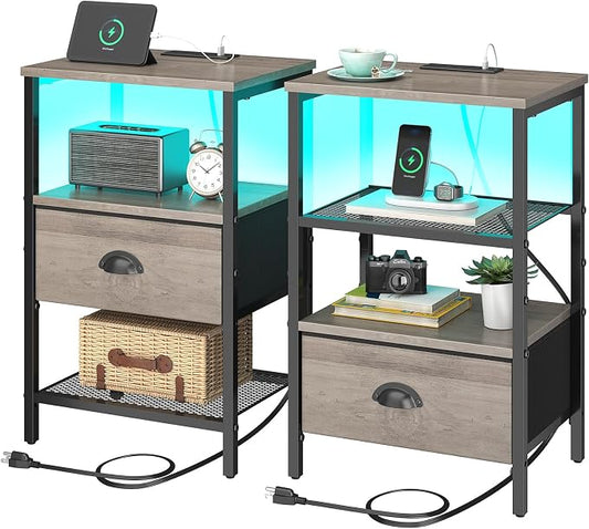 sthmec Nightstands Set of 2, LED Night Stands with Charging Station and Fabric Drawer, Bedside Tables with Drawers, 2- Tier LED Side Table End Table Charging Station Bedroom, Grey