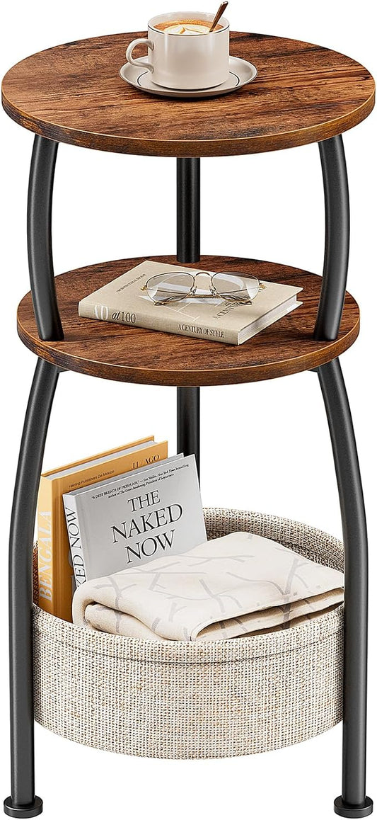 Round Side Table for Small Spaces with Storage Basket –Small End Table 3-Tier Night Stand Sofa Corner Table for Living Room, Bedroom, Patio and More 24in Tall Rustic Brown