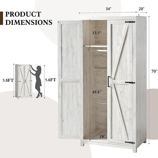 LUXOAK 70" Large Armoire Wardrobe Closet Set of 2 with Hanging Rod, Farmhouse Clothing Storage Cabinet with 2 Barn Doors, Wooden Tall Bedroom Armoires with Shelf, Distressed White