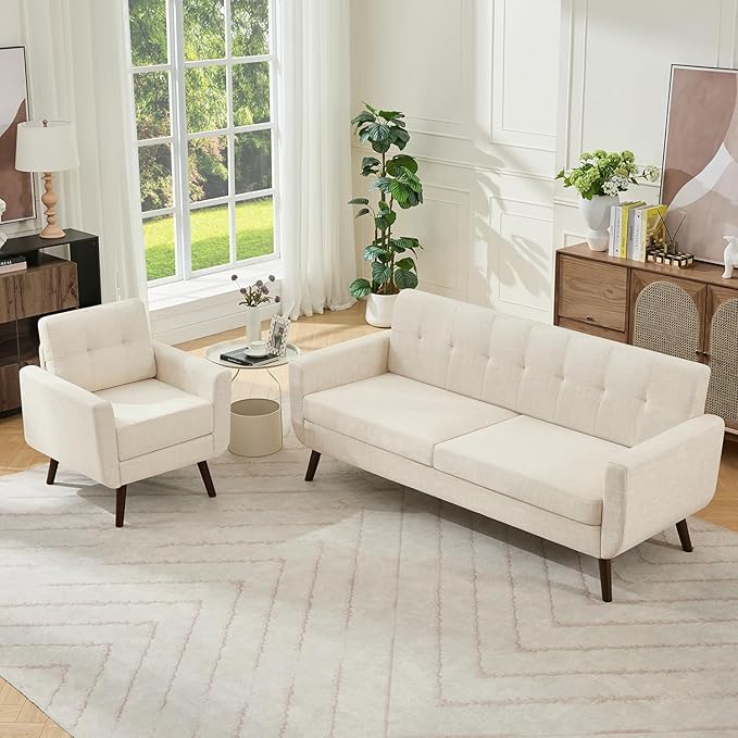 Tbfit Mid Century Modern Sofa Couch, Beige, Standard Sofa & Accent Chair | linen fabric