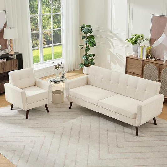 Tbfit Mid Century Modern Sofa Couch, Beige, Standard Sofa & Accent Chair | linen fabric