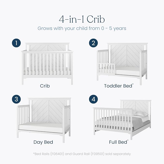 Child Craft Hampton Flat Top 4-in-1 Convertible Crib, Baby Crib Converts to Day Bed, Toddler Bed and Full Size Bed, 3 Adjustable Mattress Positions, Non-Toxic, Baby Safe Finish (Matte White)