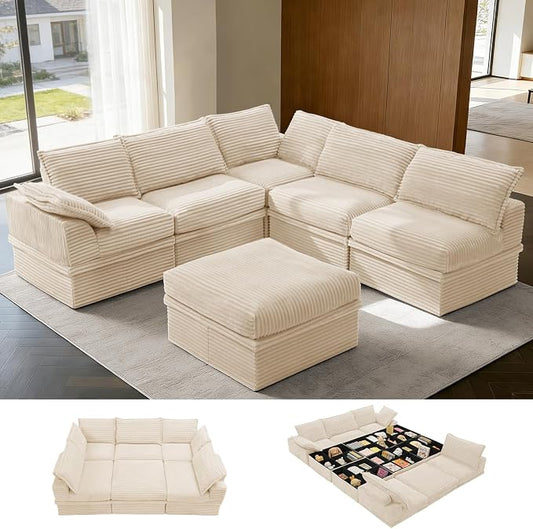 Upgrade Boneless Couch with Storage, Extra Deep&High Seat Modular Sectional Sofa 5 Seater U Shaped Couch with Ottoman, Tool-Free Assembly Sectional Couches for Living Room
