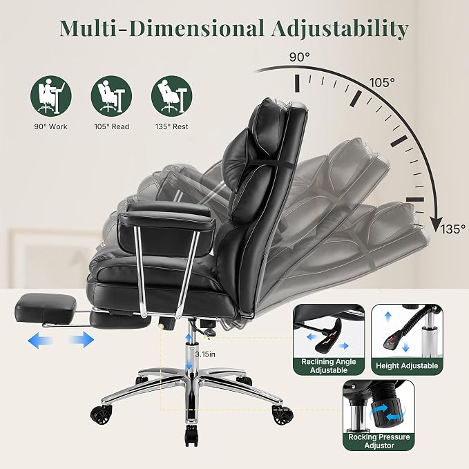 Executive Ergonomic Office Chair, PU Leather High Back Reclining Office Chair with Footrest and Lumbar Support, Height Adjustable Rolling Swivel Computer Chair for Home Office,Black
