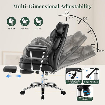 Executive Ergonomic Office Chair, PU Leather High Back Reclining Office Chair with Footrest and Lumbar Support, Height Adjustable Rolling Swivel Computer Chair for Home Office,Black