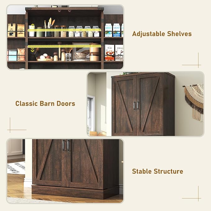 71" Tall Kitchen Pantry Cabinet, Farmhouse Tall Kitchen Storage Cabinet with Adjustable Shelves & 4 Barn Style Doors, Wooden Storage Cabinet for Kitchen, Dining Room, Living Room, Bathroom, Office