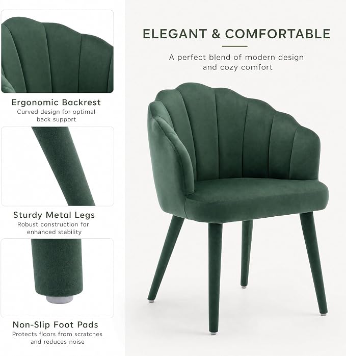 Hyfirm Velvet Dining Chairs Set of 4, Upholstered Modern Kitchen Dining Chairs with Petal Back & Fabric Covered Wooden Legs, Comfy Accent Armchairs for Bedroom/Kitchen/Vanity, Green
