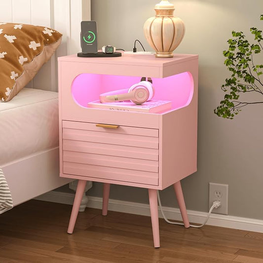 Veegle Nightstand,Modern Bedside Table with Storage Drawer and Open Wood Shelf, Accent Night Stand with Solid Wood Legs for Living Room, Bedroom and Small Spaces,Easy Assembly (Pink-1)