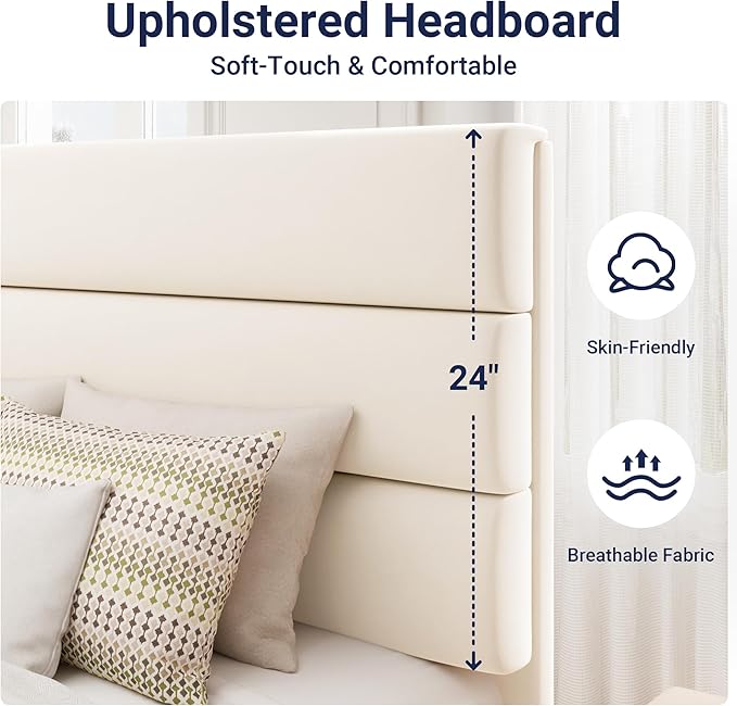 Allewie Twin Size Platform Bed Frame with Fabric Upholstered Headboard and Wooden Slats Support, Fully Upholstered Mattress Foundation/No Box Spring Needed/Easy Assembly, Cream