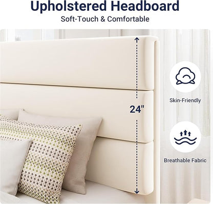 Allewie Twin Size Platform Bed Frame with Fabric Upholstered Headboard and Wooden Slats Support, Fully Upholstered Mattress Foundation/No Box Spring Needed/Easy Assembly, Cream