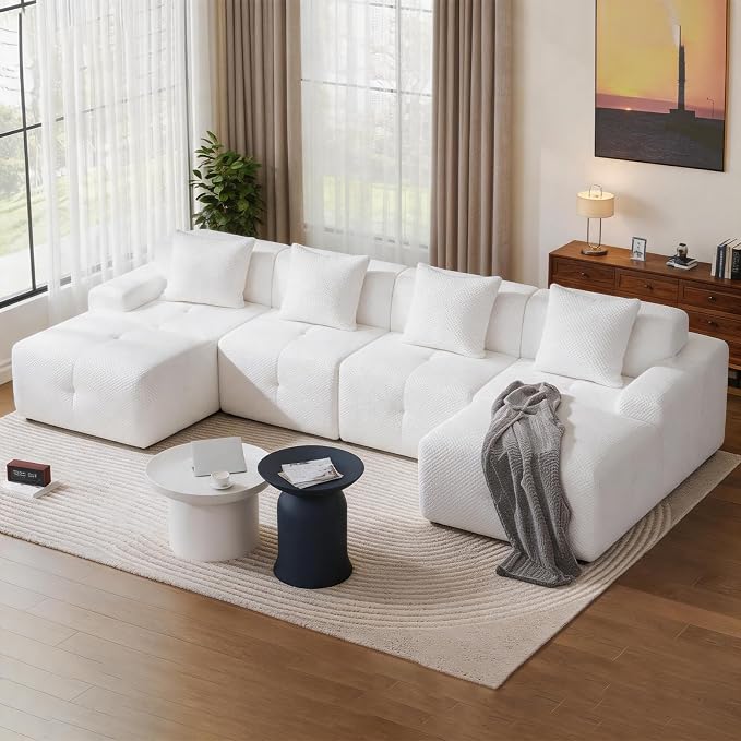 135" Cloud Couch Sectional with 2 Ottoman, U-Shaped Boneless Sofa,Modern Modular Couch, Pineapple Grid Fabric with Foam & Spring Filling for Living Room, No Assembly Required (White, 4seates)