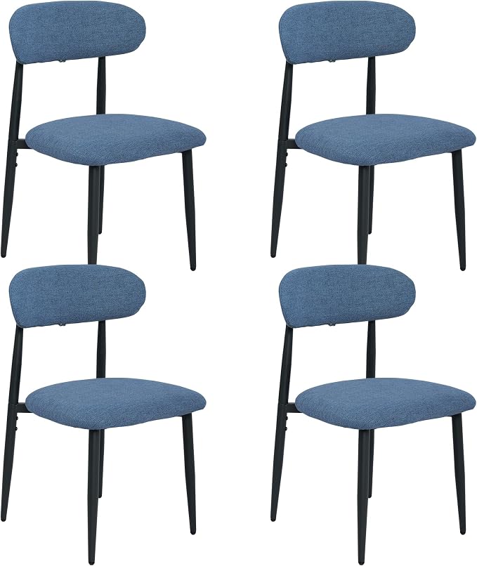 FREKEN Modern Upholstered Dining Chairs Set of 4, Mid-Century Metal Frame Linen Fabric Side Chair for Kitchen Dining Room, 350lbs Capacity, Blue