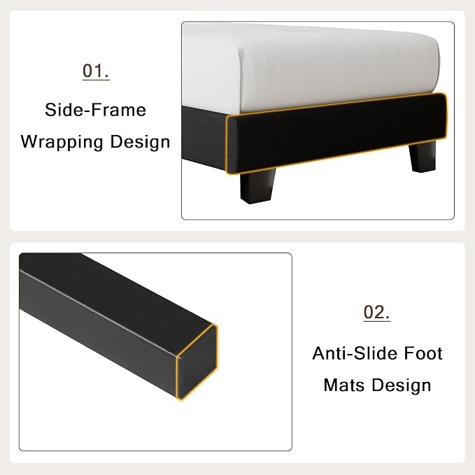Einhomn Twin Upholstered Bed Frame with Headboard, Button Tufted Linen Bed Base, Platform Bed with Wood Slat, Heavy Duty, Easy Assembly, No Box Spring Needed,Black