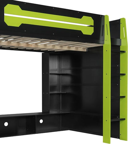 Merax Full Size Loft Bed with Desk, Multi-Storage Shelves and RGB Light | Space-Saving Wooden Gaming Bed Frame with Charging Station and Guardrail