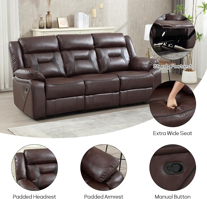 EBELLO Manual Recliner Sofa Set, Faux Leather Reclining Living Room Furniture Set, Included Recliner Chair and 3 Seat Manual Sofa, Dark Brown