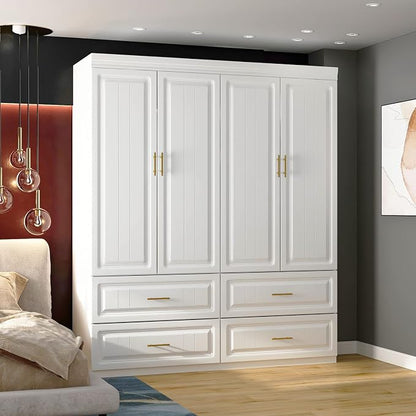 AIEGLE 4-Door Armoire Wardrobe Closet with Drawers, White Coat Closet with Doors, Modern Tall Wardrobe Cabinet Closet with Hanging Rod for Bedroom, Freestanding, White, 20.6" D x 63" W x 74.2" H