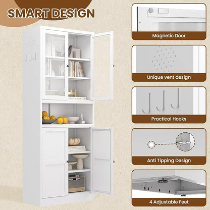 Metal Pantry Cabinet, 72" Kitchen Pantry Cabinet with 2 Doors and 4 Adjustable Shelves, White Steel Storage Cupboard for Dining, Office, Living Room, Bathroom