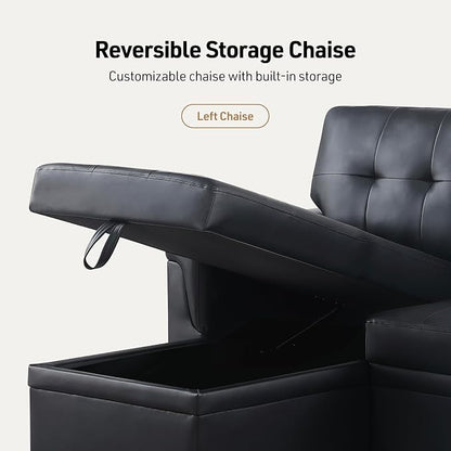 Lilola Home Lucca 84" Reversible Sleeper Sectional Sofa with Pull-Out Bed & Storage Chaise, Black Vegan Leather, Tufted Back, Modern Compact Couch for Living Room, Easy Assembly