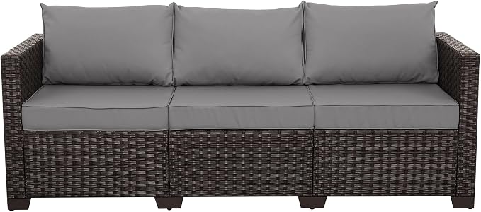Valita Patio Furniture 3-seat Sofa Brown Wicker Outdoor Furniture Outdoor Couch Deep Seat High Backrest Waterproof Cover Anti-Slip Washable Cushions, Grey