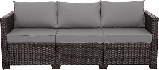 Valita Patio Furniture 3-seat Sofa Brown Wicker Outdoor Furniture Outdoor Couch Deep Seat High Backrest Waterproof Cover Anti-Slip Washable Cushions, Grey