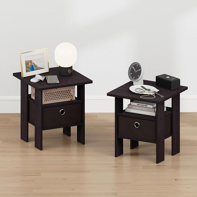 Furinno TIDUR Night Stand Set of 2, Nightstand with Storage, Dark Walnut | Open Shelf Design, Bedside Table, End Table, Side Table for Bedroom, Living Room