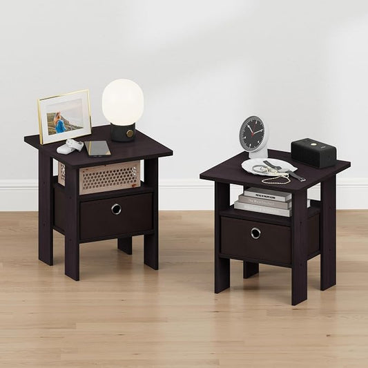 Furinno TIDUR Night Stand Set of 2, Nightstand with Storage, Dark Walnut | Open Shelf Design, Bedside Table, End Table, Side Table for Bedroom, Living Room