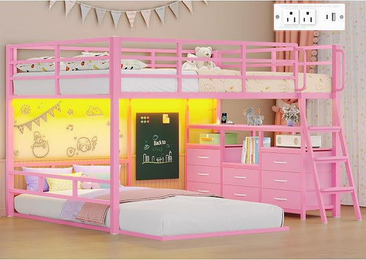 busyaeh Bunk Bed Full Over Twin,8 Drawer & 4 Shelve,15" H Safety Guardrail | Bunk Bed with Desk, Low bunk bed with LED Lights & Charging Station,L-Shaped Bunk Beds with Stairs,Girls bunk bed,Pink