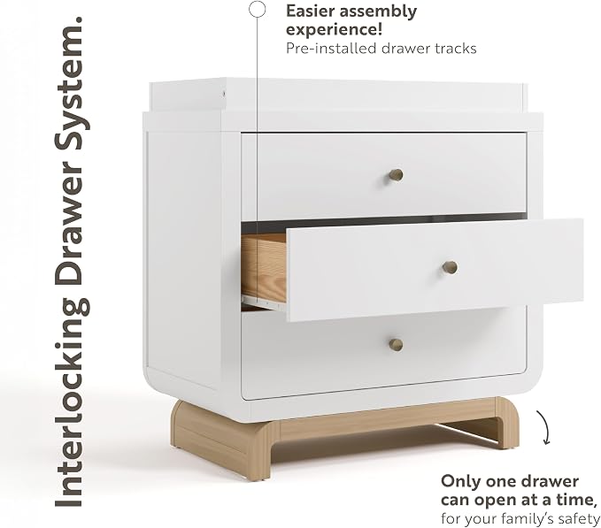 Storkcraft Santorini 3 Drawer Chest with Changing Topper (White with Driftwood) – GREENGUARD Gold Certified, Award-Winning Premium Wood Dresser for Baby & Kids Bedroom with Interlocking Drawer System