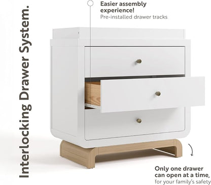 Storkcraft Santorini 3 Drawer Chest with Changing Topper (White with Driftwood) – GREENGUARD Gold Certified, Award-Winning Premium Wood Dresser for Baby & Kids Bedroom with Interlocking Drawer System