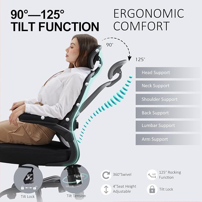 Ergonomic Office Chair,Ultra Thick Spring Cushion Desk Chair,Black | Adjustable Lumbar Support and Headrest,Flip-up Arms,Rocking Function,Mesh Home Office Computer Chair