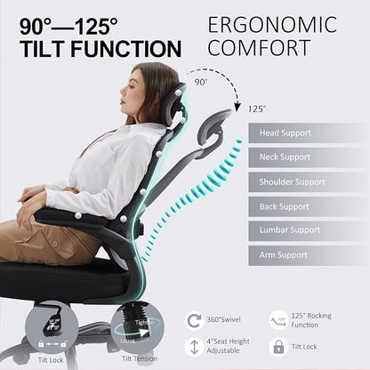 Ergonomic Office Chair,Ultra Thick Spring Cushion Desk Chair,Black | Adjustable Lumbar Support and Headrest,Flip-up Arms,Rocking Function,Mesh Home Office Computer Chair