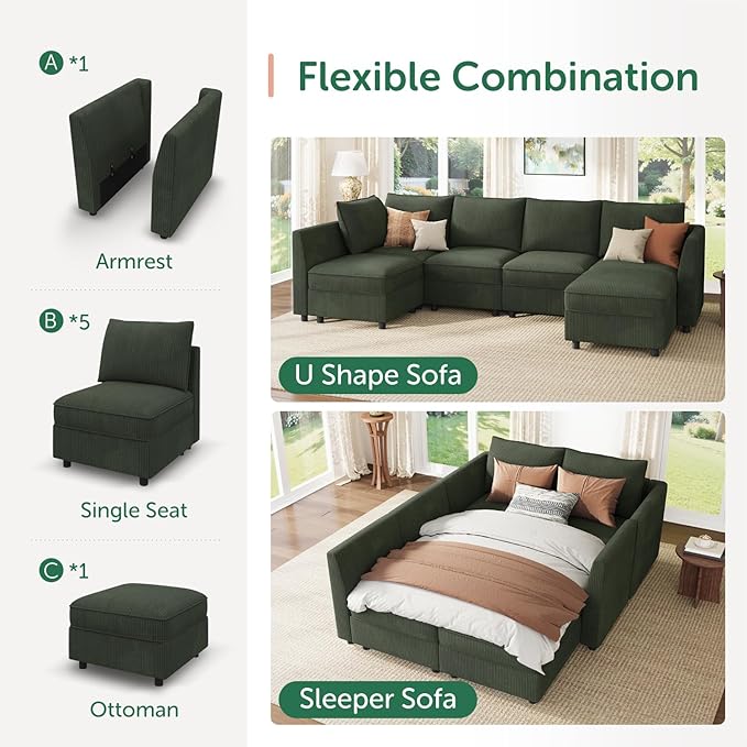 HONBAY Modular Sofa Sectional Sleeper Couch with Storage Modular Couch Convertible Couches for Living Room - Green