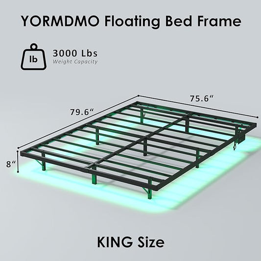 YORMDMO Floating Bed Frame King Size, Heavy Duty Bedframe with Smart LED Lights & Charging Station, Modern Metal Platform Bed, Easy Assembly No Box Spring Needed, 8 Inch