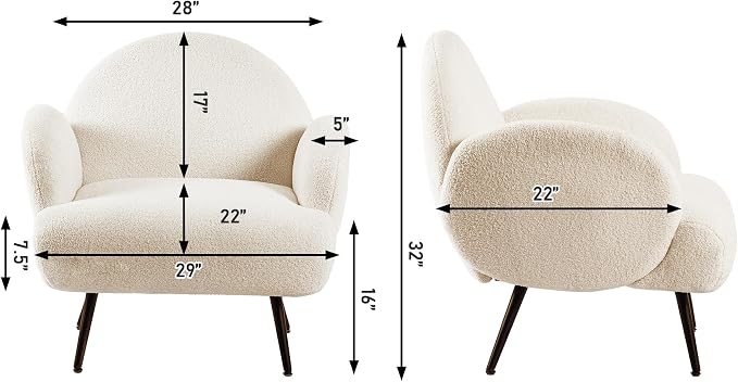 Accent Chair White with Black Metal Legs,Reading Chair for Bedroom Comfy, Boucle Sherpa Chair for Living Room, Bedroom