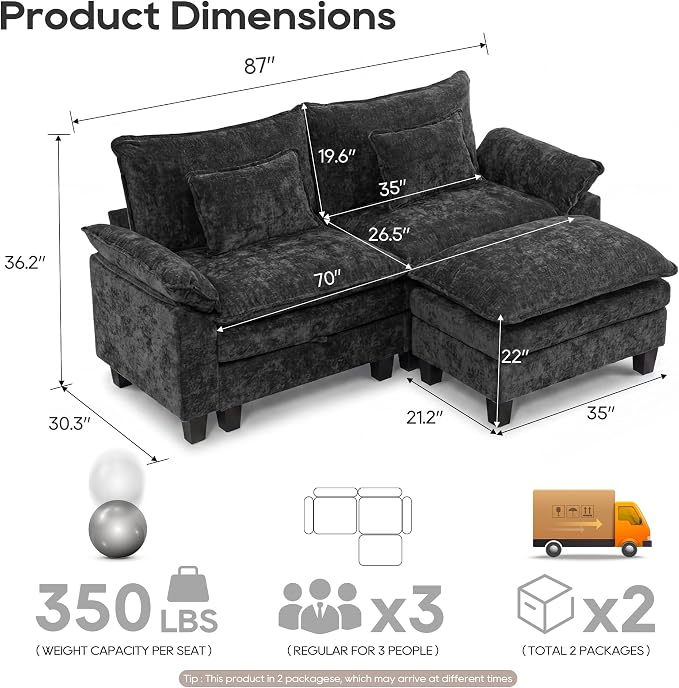 URRED Oversized Modular Sectional Sofa, 87" L Shaped Modern Comfy Cloud Couch with Movable Ottoman & Pillows, Deep Seat Couches for Living Room, Bedroom or Apartment (Chenille Black, 87" L Shaped)