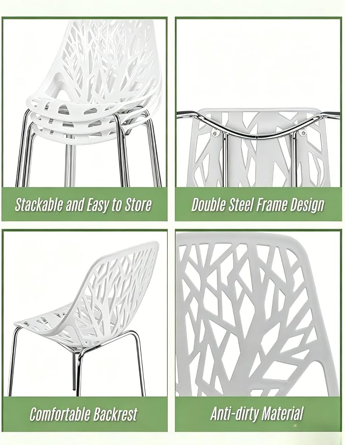 Karl home Stackable Dining Chairs Set of 4, 3-Step Assembly, 350LBS, White | Bird's nest trunk pattern, robust metal frame, 350lbs capacity, plastic construction, for kitchen/dining/bedroom/living room