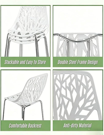 Karl home Stackable Dining Chairs Set of 4, 3-Step Assembly, 350LBS, White | Bird's nest trunk pattern, robust metal frame, 350lbs capacity, plastic construction, for kitchen/dining/bedroom/living room