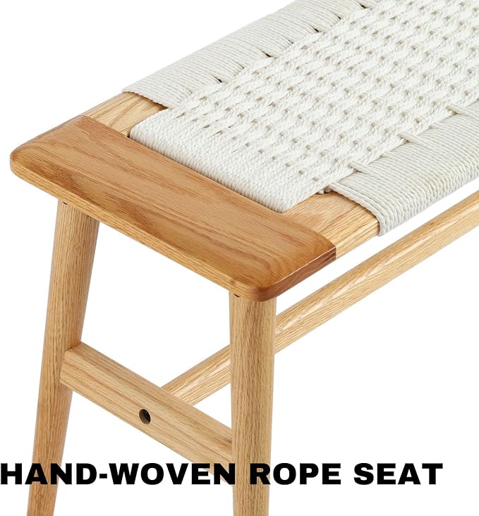 31.5'' Woven Dining Beach with 100% Solid Oak Wood Bench Frame, Hand Knitted Rope Designed Bed End Shoe Bench for Kitchen Bedroom Entryway, White