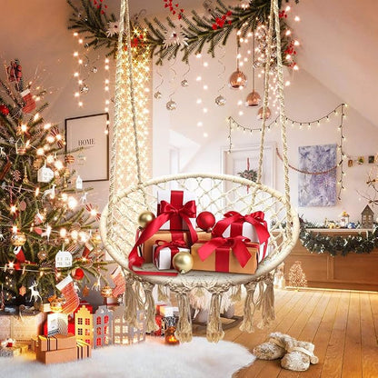 Sonyabecca LED Macrame Hammock Hanging Swinging Chair, Indoor/Outdoor Hanging Chair with 472" LED String for Bedroom, Patio, Deck, Yard, and Garden, Comfy Large Size 55x75 cm (No Stand)