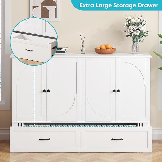 CECER Queen Murphy Bed with Mattress，Space Saving and Easy Assemble-White | Built-in Multi-Port Charging Station ＆ Large Storage Drawer，Sturdy frame ＆ Easy to Move Track