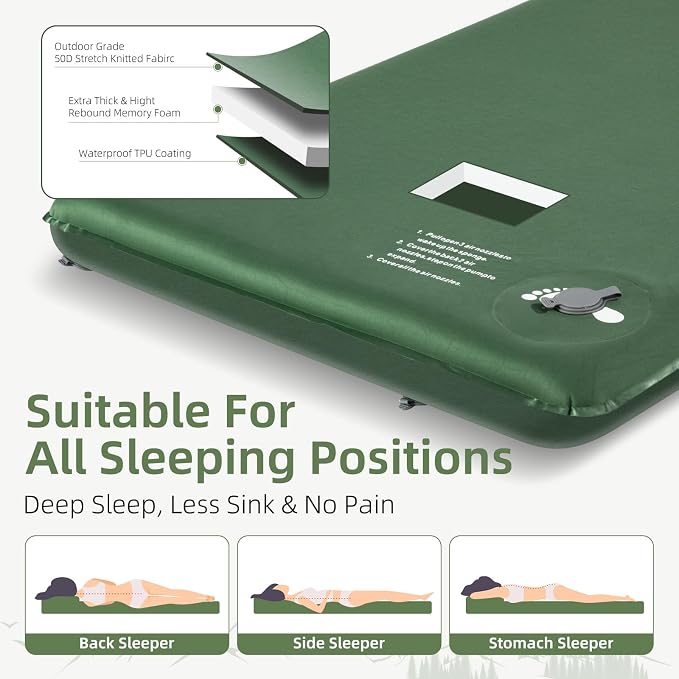 Wevelel Memory Sleeping Pad, 3.1" Ultra-Thick Foam Sleeping Mats for Camping, Easy Inflate&Deflate,9.5 R-Value Insulated Camping Mattress Pad with Pillow, for Car Travel Tent
