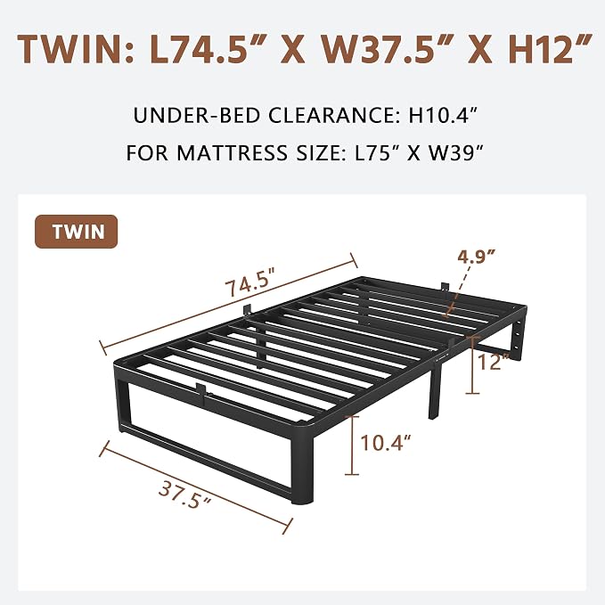 ZTH Twin Size Metal Platform Bed Frame 12 in, No Box Spring Needed, Black | Heavy duty support, Underbed storage, Noise-free design, Anti-slip clips, Rounded legs, Easy assembly, Headboard compatible