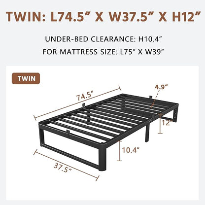 ZTH Twin Size Metal Platform Bed Frame 12 in, No Box Spring Needed, Black | Heavy duty support, Underbed storage, Noise-free design, Anti-slip clips, Rounded legs, Easy assembly, Headboard compatible