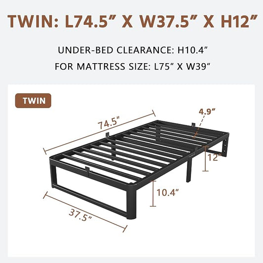 ZTH Twin Size Metal Platform Bed Frame 12 in, No Box Spring Needed, Black | Heavy duty support, Underbed storage, Noise-free design, Anti-slip clips, Rounded legs, Easy assembly, Headboard compatible