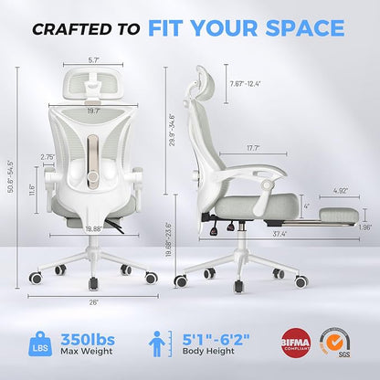 CYKOV Ergonomic Office Chair with Footrest - Adjustable Lumbar Support & Headrest, 90-135° Reclining Mesh Back Computer Chair - Home Office/Gaming, 350lbs Capacity