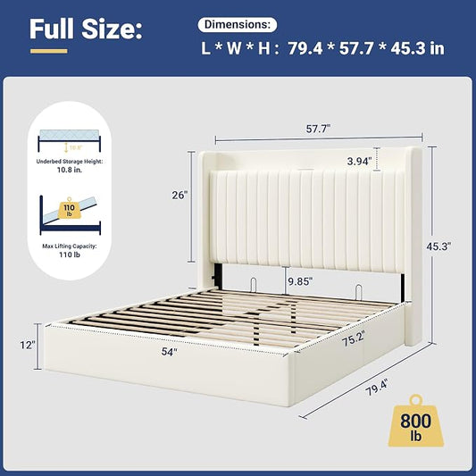 Allewie Full Size Lift Up Storage Bed Frame,Storage Shelf Headboard with Charging Station,Type-C and USB Ports,Hydraulic Support,Velvet Upholstered Bed Frame,No Box Spring Needed,Cream