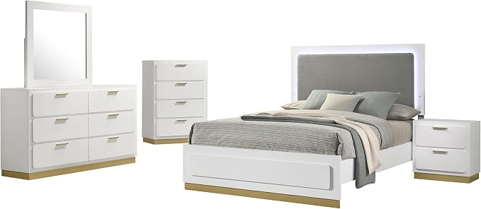 Coaster Home Furnishings Caraway Contemporary 5-Piece Bedroom Set Fabric Upholstered Eastern King Size LED Panel Bed Frame 55-inch Headboard White 224771KE-S5