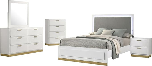 Coaster Home Furnishings Caraway Contemporary 5-Piece Bedroom Set Fabric Upholstered California King Size LED Panel Bed Frame 55-inch Headboard White 224771KW-S5